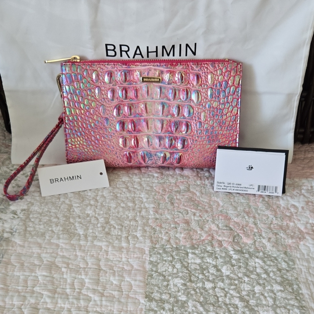 Brahmin Daisy Wristlet in Magenta Wonderland Melbourne Croc-Embossed Leather - Picture 2 of 16